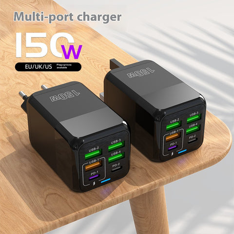 150W 6 in 1 GaN Fast Charger (UK) 2× USB‑C + 4× USB‑A, PD/PPS, 110–220V, Travel‑Ready