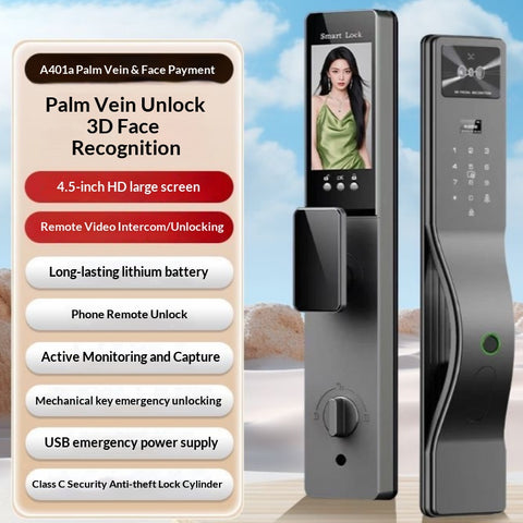 Fully Automatic 3D Face Smart Door Lock – Palm Vein + Fingerprint + IC Card + App + PIN + Key, HD Screen Real‑Time Monitoring, Abnormal Alarm, Fits Saudi Standard 4585 Mortise Lock Body