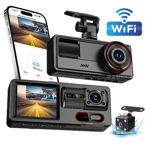 3 Channel Wi‑Fi Dash Cam  Front/Inside/Rear 1080P, Loop Recording, Parking Mode