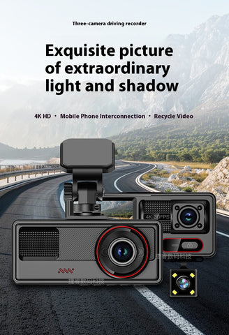 3 Channel Wi‑Fi Dash Cam  Front/Inside/Rear 1080P, Loop Recording, Parking Mode