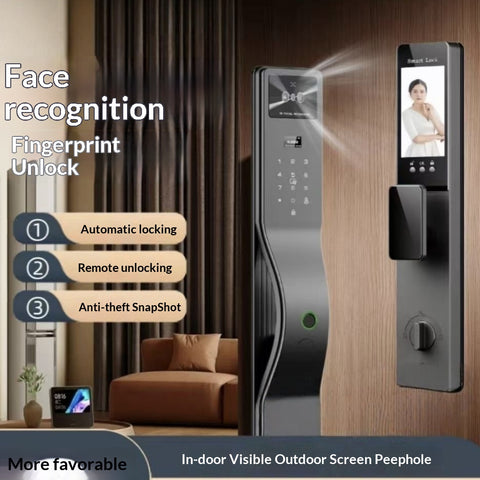 Fully Automatic 3D Face Smart Door Lock – Palm Vein + Fingerprint + IC Card + App + PIN + Key, HD Screen Real‑Time Monitoring, Abnormal Alarm, Fits Saudi Standard 4585 Mortise Lock Body