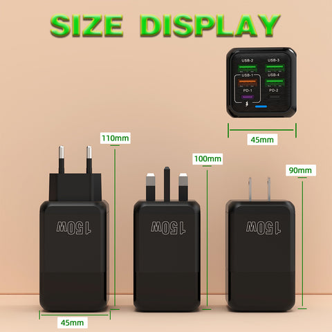 150W 6 in 1 GaN Fast Charger (UK) 2× USB‑C + 4× USB‑A, PD/PPS, 110–220V, Travel‑Ready