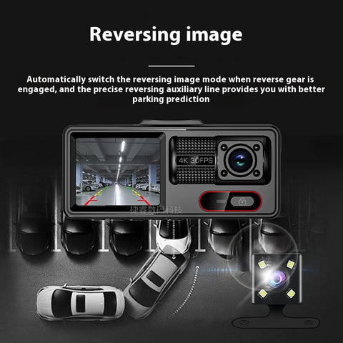 3 Channel Wi‑Fi Dash Cam  Front/Inside/Rear 1080P, Loop Recording, Parking Mode