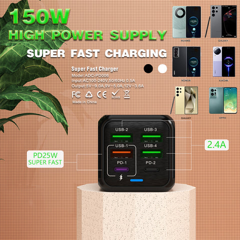 150W 6 in 1 GaN Fast Charger (UK) 2× USB‑C + 4× USB‑A, PD/PPS, 110–220V, Travel‑Ready