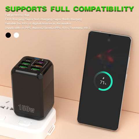 150W 6 in 1 GaN Fast Charger (UK) 2× USB‑C + 4× USB‑A, PD/PPS, 110–220V, Travel‑Ready