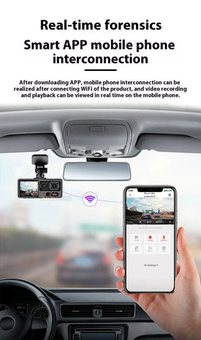 3 Channel Wi‑Fi Dash Cam  Front/Inside/Rear 1080P, Loop Recording, Parking Mode