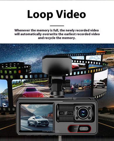 3 Channel Wi‑Fi Dash Cam  Front/Inside/Rear 1080P, Loop Recording, Parking Mode