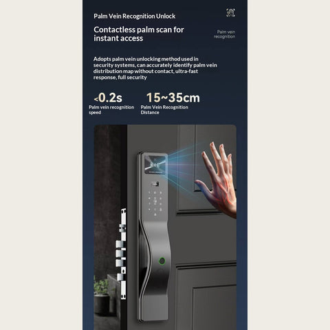 Fully Automatic 3D Face Smart Door Lock – Palm Vein + Fingerprint + IC Card + App + PIN + Key, HD Screen Real‑Time Monitoring, Abnormal Alarm, Fits Saudi Standard 4585 Mortise Lock Body