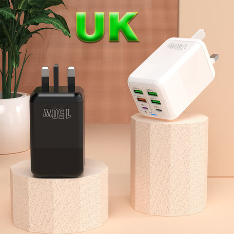 150W 6 in 1 GaN Fast Charger (UK) 2× USB‑C + 4× USB‑A, PD/PPS, 110–220V, Travel‑Ready