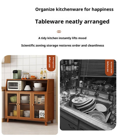 Modern Kitchen Sideboard & Wall-Mounted Storage Cabinet – Multi-Functional Floor Cabinet with Coffee Rack, Tea Cabinet & Rattan Print for Bedroom, Living Room & Kitchen Organization