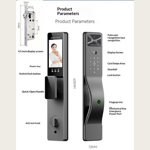 Fully Automatic 3D Face Smart Door Lock – Palm Vein + Fingerprint + IC Card + App + PIN + Key, HD Screen Real‑Time Monitoring, Abnormal Alarm, Fits Saudi Standard 4585 Mortise Lock Body