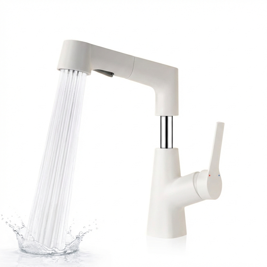 Plastic Kitchen Faucet Hot & Cold Mixer Tap – Pull‑Down Sprayer with Dual‑Mode Flow, Single‑Handle Deck‑Mount Sink Faucet for EU/US Sinks, 360° Swivel, Hoses Included (White)