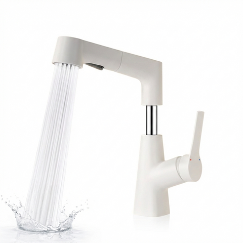 Plastic Kitchen Faucet Hot & Cold Mixer Tap – Pull‑Down Sprayer with Dual‑Mode Flow, Single‑Handle Deck‑Mount Sink Faucet for EU/US Sinks, 360° Swivel, Hoses Included (White)