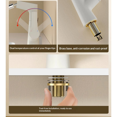 Plastic Kitchen Faucet Hot & Cold Mixer Tap – Pull‑Down Sprayer with Dual‑Mode Flow, Single‑Handle Deck‑Mount Sink Faucet for EU/US Sinks, 360° Swivel, Hoses Included (White)