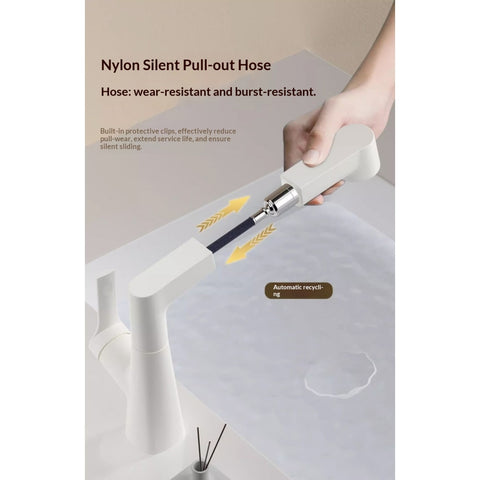 Plastic Kitchen Faucet Hot & Cold Mixer Tap – Pull‑Down Sprayer with Dual‑Mode Flow, Single‑Handle Deck‑Mount Sink Faucet for EU/US Sinks, 360° Swivel, Hoses Included (White)