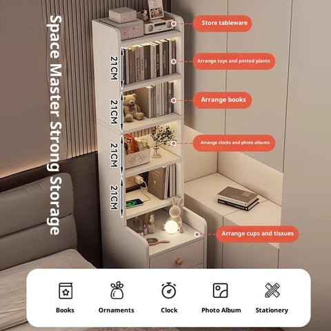 Simple Bedside Table with Open Shelves & Drawers – White or Yellow, Odorless Friendly Design for Small Cream-Colored Bedrooms, Kids & Adults