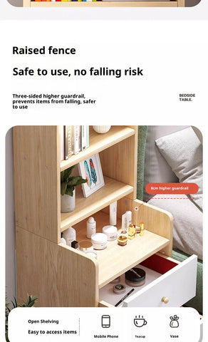 Simple Bedside Table with Open Shelves & Drawers – White or Yellow, Odorless Friendly Design for Small Cream-Colored Bedrooms, Kids & Adults