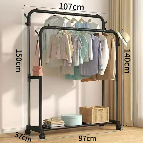 Double-Rail Rolling Clothes Rack – Heavy-Duty Freestanding Metal Garment Rack on Wheels with Space-Saving Design for Clothes, Coats & Shoes in Bedroom, Closet or Entryway