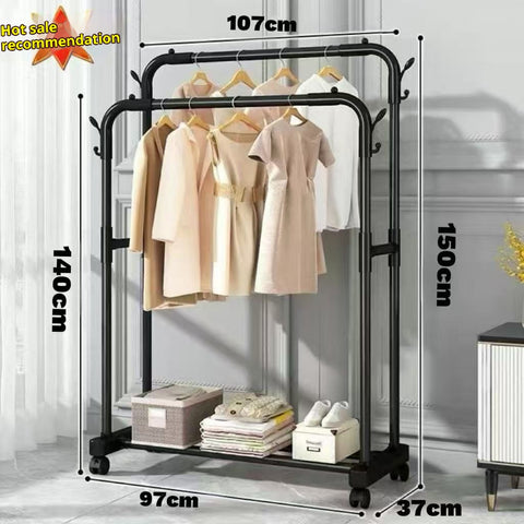 Double-Rail Rolling Clothes Rack – Heavy-Duty Freestanding Metal Garment Rack on Wheels with Space-Saving Design for Clothes, Coats & Shoes in Bedroom, Closet or Entryway