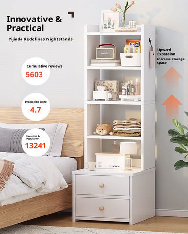 Simple Bedside Table with Open Shelves & Drawers – White or Yellow, Odorless Friendly Design for Small Cream-Colored Bedrooms, Kids & Adults