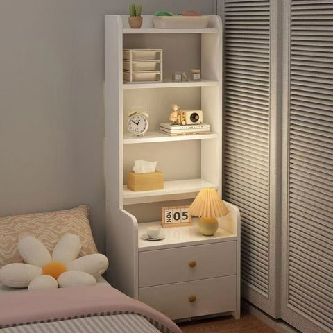 Simple Bedside Table with Open Shelves & Drawers – White or Yellow, Odorless Friendly Design for Small Cream-Colored Bedrooms, Kids & Adults