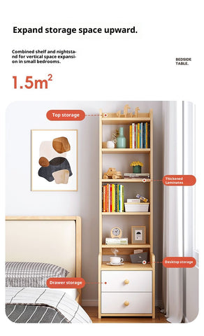 Simple Bedside Table with Open Shelves & Drawers – White or Yellow, Odorless Friendly Design for Small Cream-Colored Bedrooms, Kids & Adults