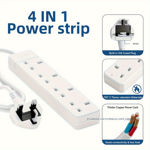 4‑Way UK Extension Lead, 1.8 m  13A 250V, Wall‑Mountable