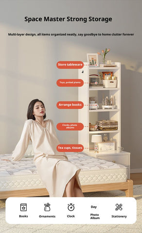 Simple Bedside Table with Open Shelves & Drawers – White or Yellow, Odorless Friendly Design for Small Cream-Colored Bedrooms, Kids & Adults