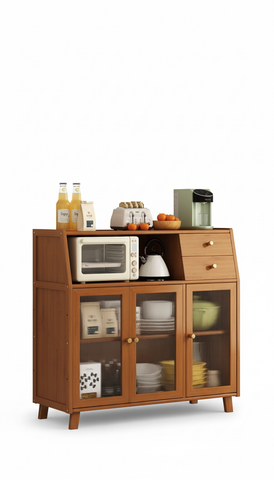 Modern Kitchen Sideboard & Wall-Mounted Storage Cabinet – Multi-Functional Floor Cabinet with Coffee Rack, Tea Cabinet & Rattan Print for Bedroom, Living Room & Kitchen Organization