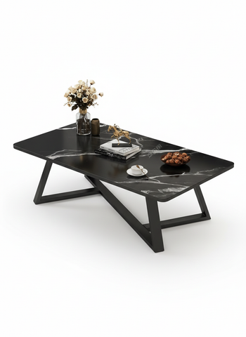 Modern Coffee Table with Black Marble-Like Top – Compact Space-Saving Design, Sturdy Metal Frame, Easy Assembly for Small Apartments & Living Rooms