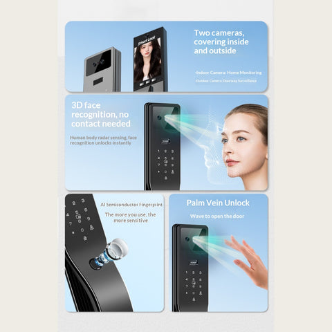 Fully Automatic 3D Face Smart Door Lock – Palm Vein + Fingerprint + IC Card + App + PIN + Key, HD Screen Real‑Time Monitoring, Abnormal Alarm, Fits Saudi Standard 4585 Mortise Lock Body