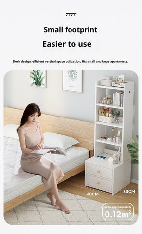Simple Bedside Table with Open Shelves & Drawers – White or Yellow, Odorless Friendly Design for Small Cream-Colored Bedrooms, Kids & Adults