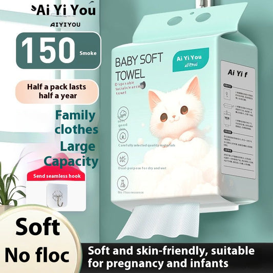 Extra-Large Disposable Facial Towels, Hanging Design & Lint-Free, Pure Cotton for Makeup Removal, 150-Count Ultra-Large Pack.