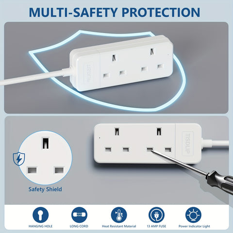 4‑Way UK Extension Lead, 1.8 m  13A 250V, Wall‑Mountable