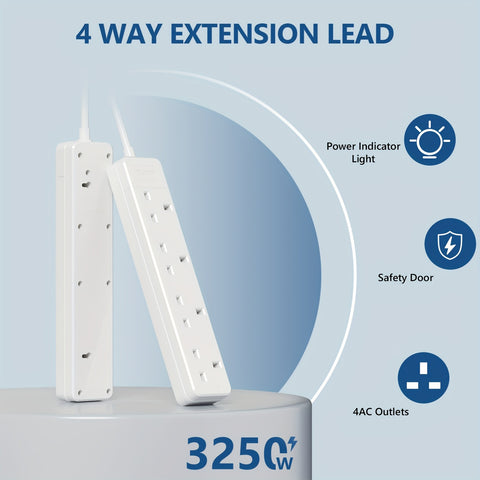4‑Way UK Extension Lead, 1.8 m  13A 250V, Wall‑Mountable