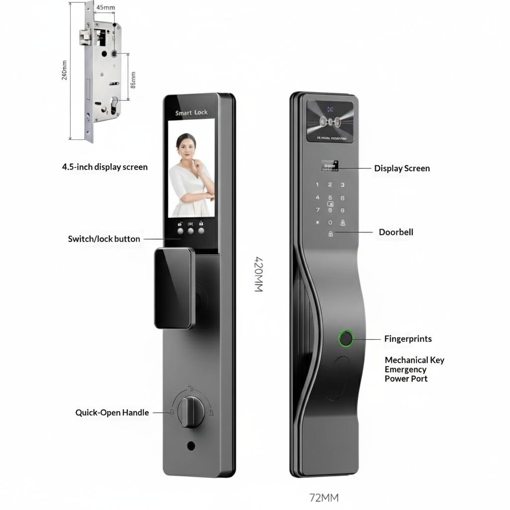 Fully Automatic 3D Face Smart Door Lock – Palm Vein + Fingerprint + IC Card + App + PIN + Key, HD Screen Real‑Time Monitoring, Abnormal Alarm, Fits Saudi Standard 4585 Mortise Lock Body