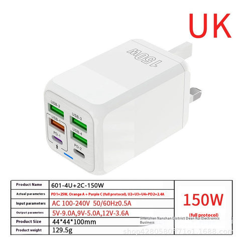 150W 6 in 1 GaN Fast Charger (UK) 2× USB‑C + 4× USB‑A, PD/PPS, 110–220V, Travel‑Ready