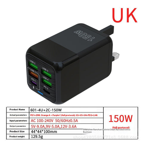 150W 6 in 1 GaN Fast Charger (UK) 2× USB‑C + 4× USB‑A, PD/PPS, 110–220V, Travel‑Ready