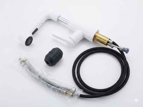 Plastic Kitchen Faucet Hot & Cold Mixer Tap – Pull‑Down Sprayer with Dual‑Mode Flow, Single‑Handle Deck‑Mount Sink Faucet for EU/US Sinks, 360° Swivel, Hoses Included (White)