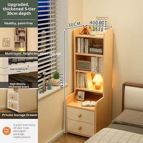 Simple Bedside Table with Open Shelves & Drawers – White or Yellow, Odorless Friendly Design for Small Cream-Colored Bedrooms, Kids & Adults