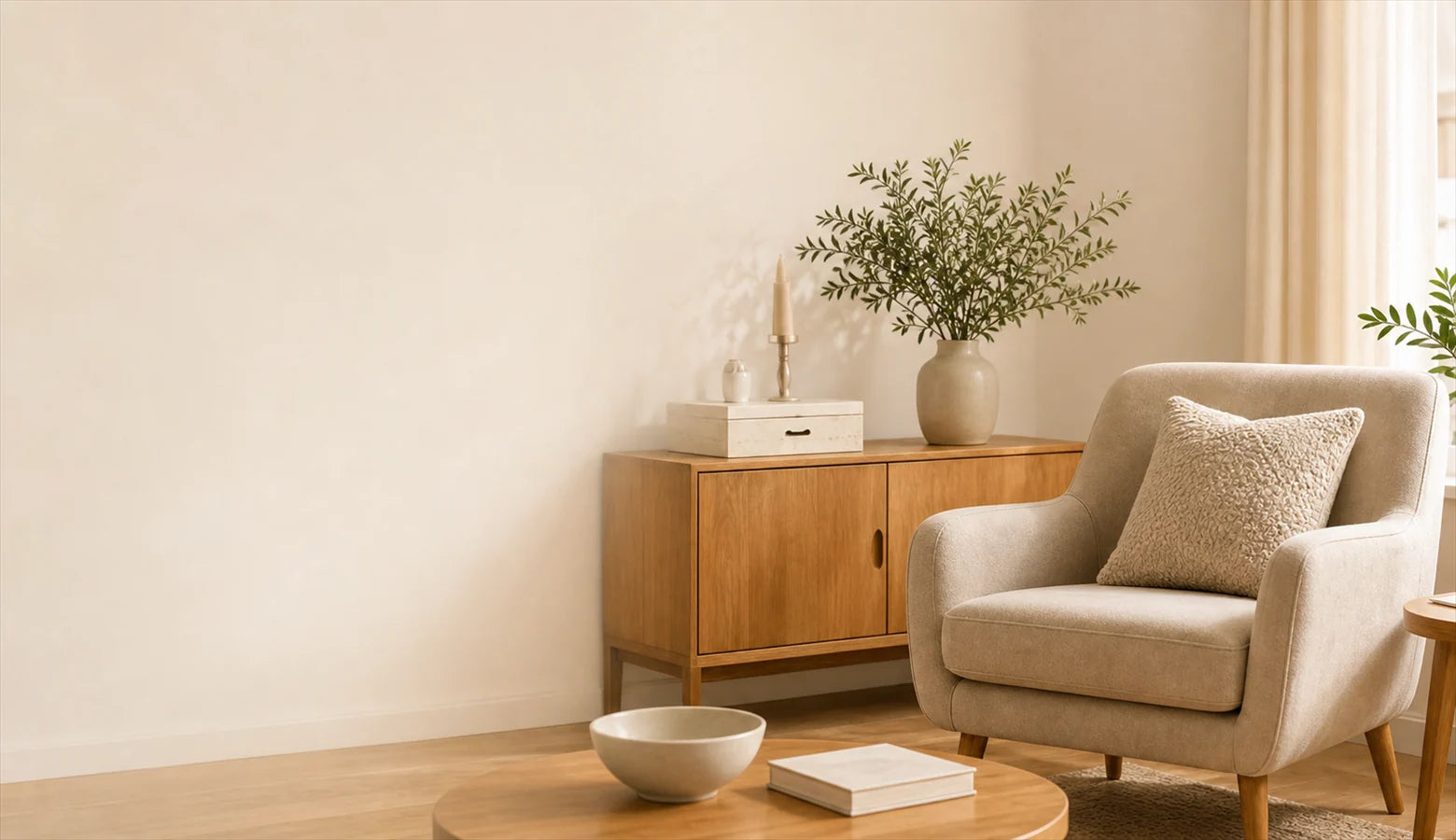 A warm modern living space with an armchair and home storage